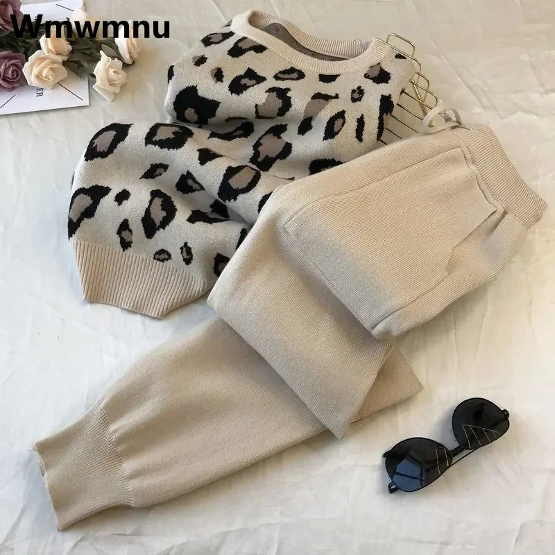 Leopard Knitted Pants 2 Piece Set Women Korean Fashion O-neck Pullover Conjunto Casual Spring Fall Jogger Pantalones Outfits