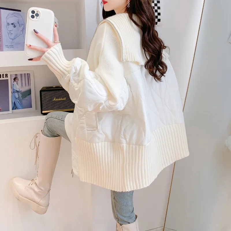 New Autumn Thicken Cotton Coat Y2k Women's Lazy Splicing Sweater Jacket Loose Parka Long Sleeve Warm Tops Zipper Outerwear Lady