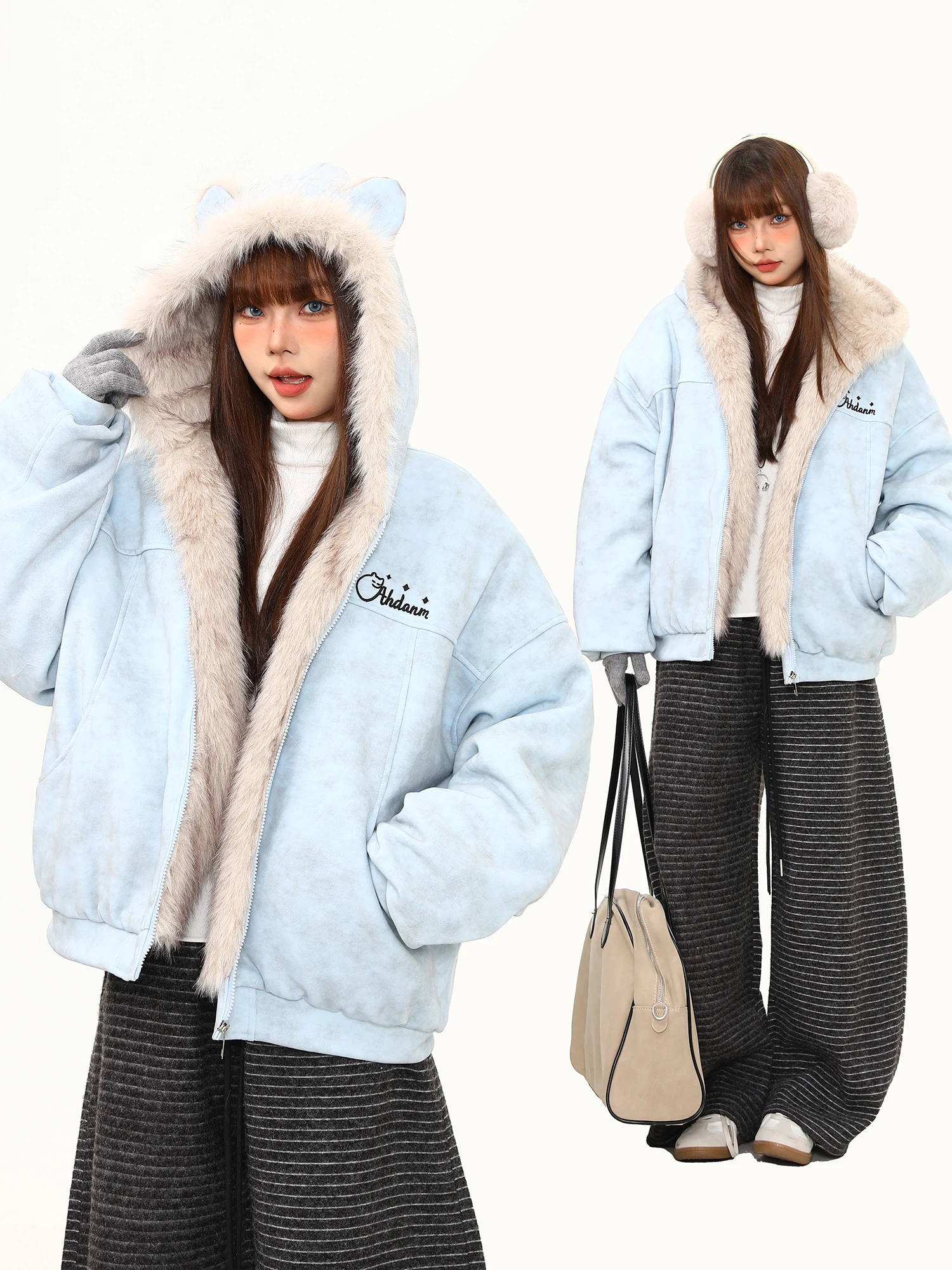 

Wild Azi Winter New Sle Women's Cotton Jaet Bear Ear Suede Velvet Cotton Lined American Trendy Brand Streetwear Loose Fit