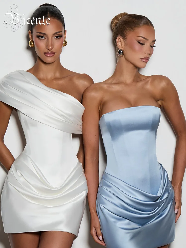 Women White Satin Mini Dress One Shoulder Draped Ruched Bodycon Short Party Dress Elegant Wedding Guest Cocktail Dress
