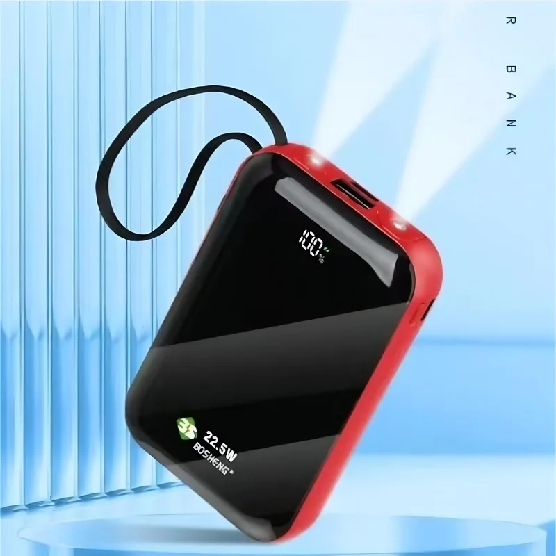 22.5W Fast Charging Built-in Cables Mini Power Bank, Digital Display Portable Travel Battery Pack, Compact Lanyard Emergency Charger for iPhone Android AirPods Outdoor Travel Daily Use