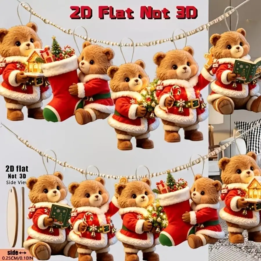 1/5/10/20/50/100pcs 2D Flat, 2D Flat Set of 10 Adorable Bear Christmas Ornaments, Classic Design with Festive Printed Elements,