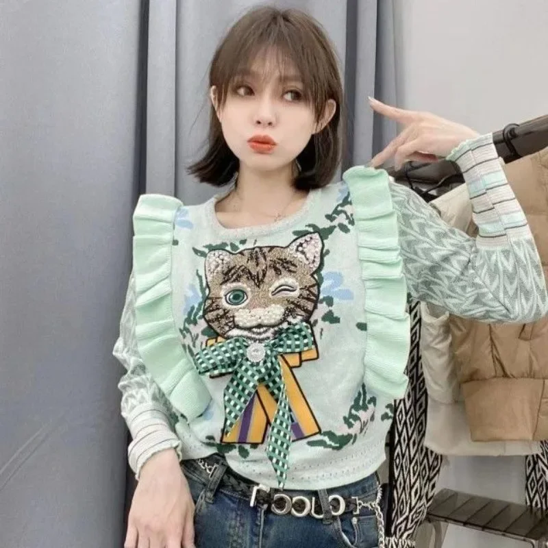 Hikigawa Chic Fashion Cat Embroidery Ruffled Beaded Patchwork Women Sweaters Vintage Jacquard Pullovers Short Tops Mujer