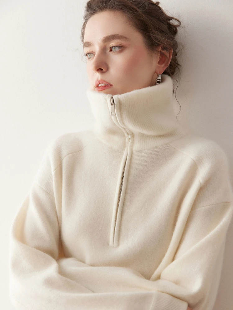 TLOML 가을 겨울 여성용 100% 캐시미어 스웨터 두꺼운 하프 지퍼 터틀넥 풀오버 캐주얼 루즈 캐시미어 니트웨어 편안한 탑