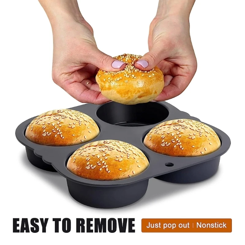 4 Holes Hamburger Burger Bun Mold Flexible Durable Hamburger Bun Baking Pan Perfect for Air Fryer Microwave Oven and Dishwasher