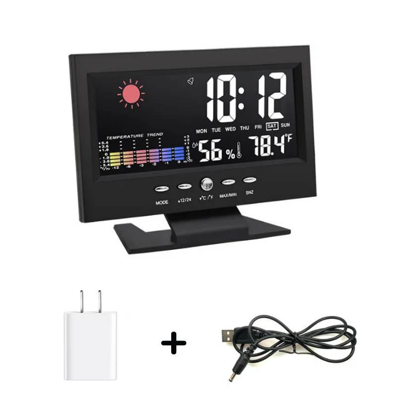 Multifunctional Weather Forecast Alarm Clock Indoor Outdoor color screen display temperature and humidity  voice-activated clock