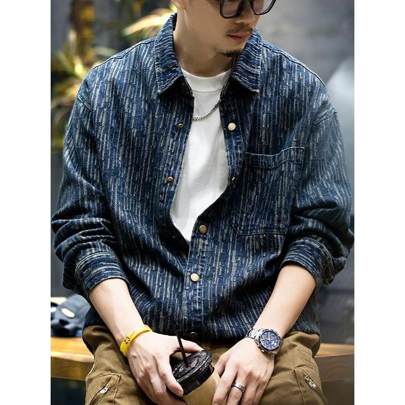

Retro American Denim irt Men's Long Sve Loose Casual Workwear Jaet Spring New Sle Trendy Brand Youth ular Polyest...
