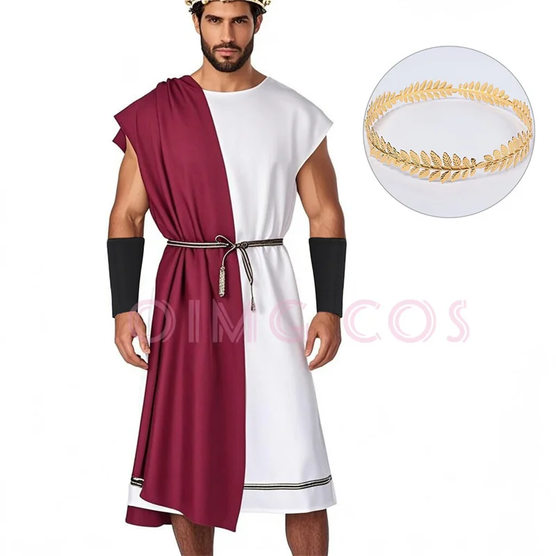

Carnival Men's Toga Costume with Leaf Moon Osmanthus Ring Wristband and Adult Greek God Roman Party Set Coat Clothing