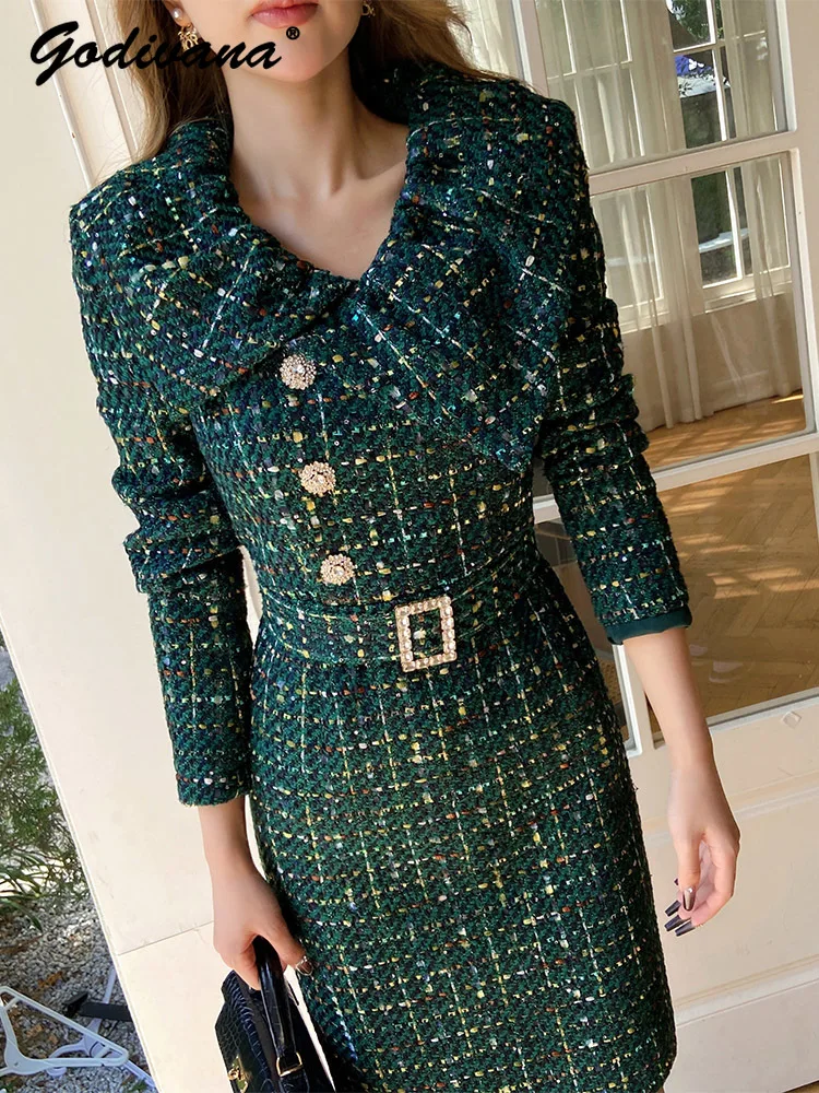 

Autumn and Winter Ladies Luxury Asymmetrical Large Lapel Elegant Tweed Sequined Pencil Dress Long Sleeve Women's Woolen Dresses