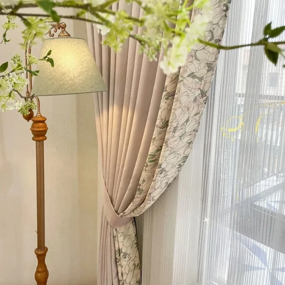 Pastorale Melk Thee Fluwelen Print Splice Verdikte Gordijnen Aangepast Eindproduct voor Woonkamer Slaapkamer Scheidingsgordijn