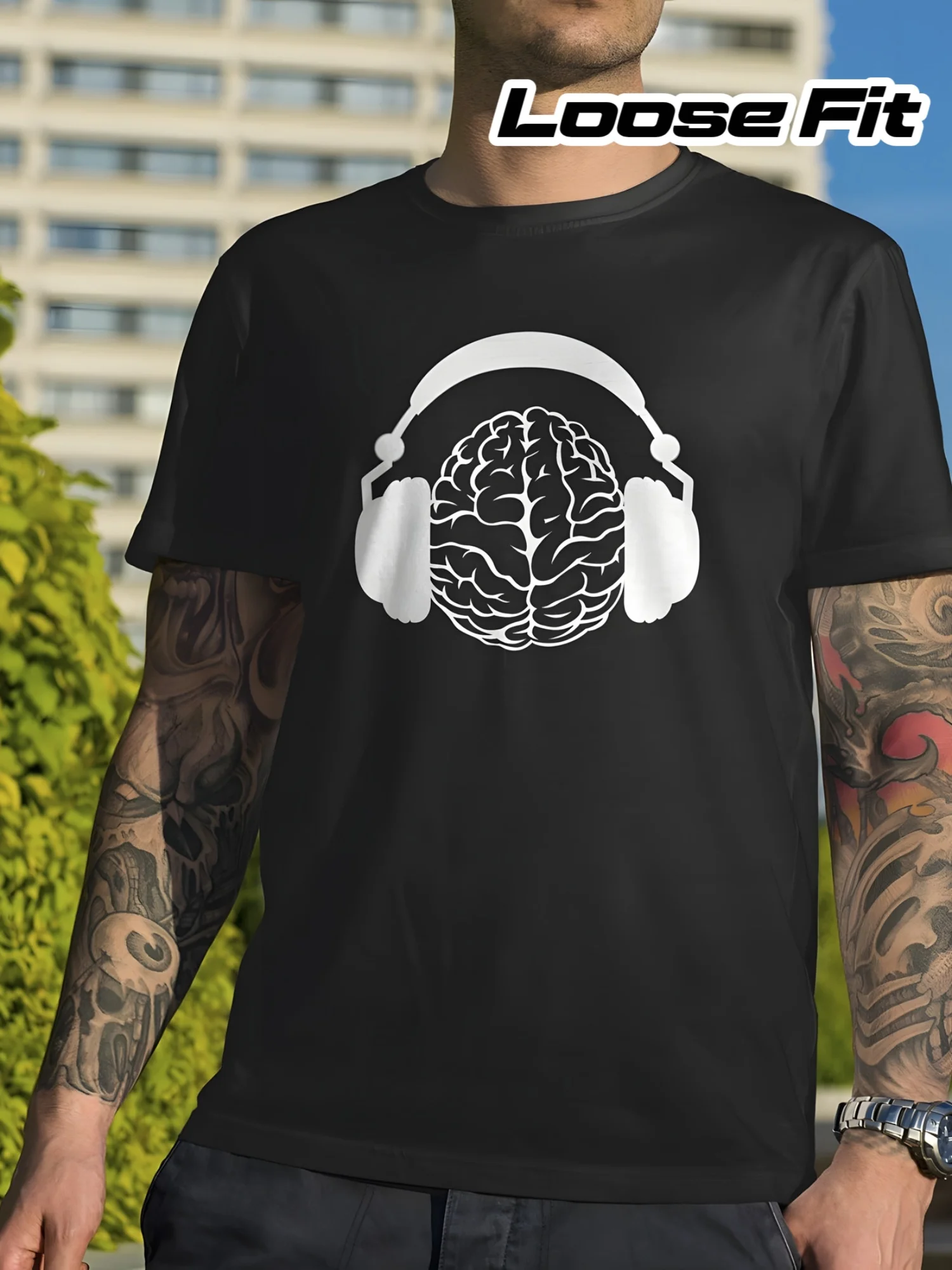 

Футболка для любителей музыки с дизайном в виде мозга и наушников — мягкая, дышащая хлопковая футболка свободного кроя, идеальный подарок для диджеев и продюсеров.