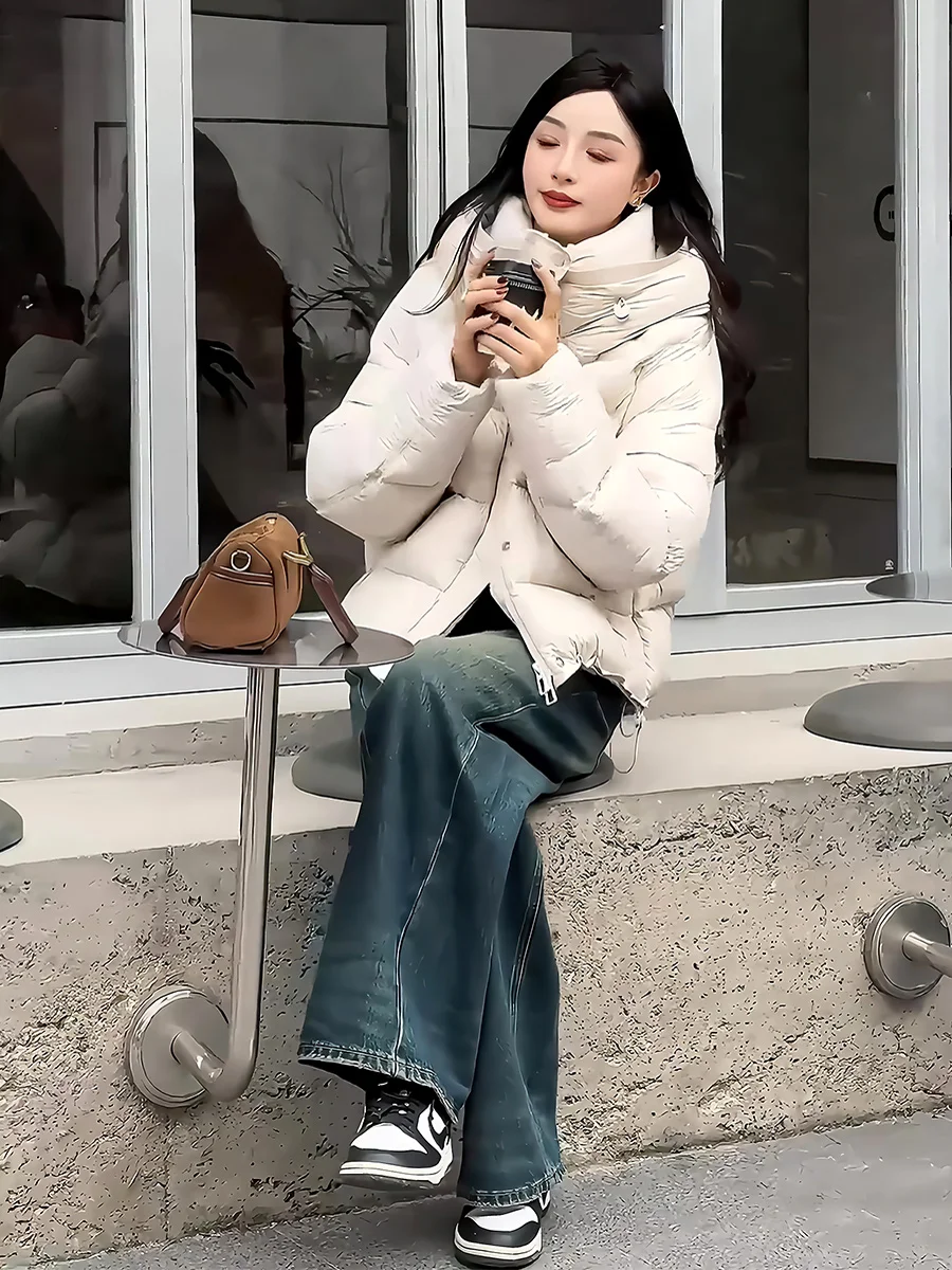 화이트 패딩 후드 다운 재킷 여성용 따뜻한 겨울 코트 출퇴근 패션 다운 페더 필 겨울 2024
