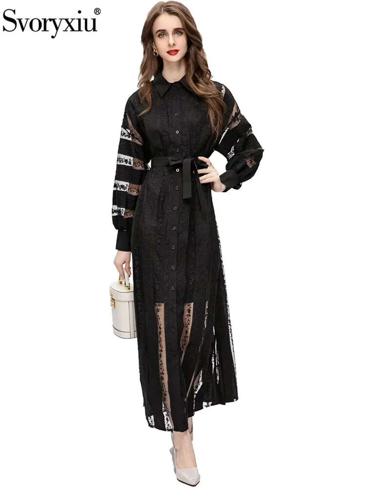 

Svoryxiu Runway Fashion Spring Summer Black Vintage Long Dress Women Turn-down Collar Lace Embroidery Belt Single Breasted Dress