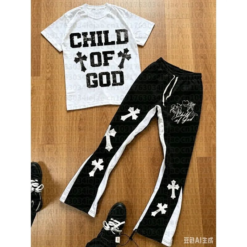 

Men's Fashionable and Trendy Street Micro-flare Pants Set with Bold Color-blocking and Gothic Cross and Alphabet Prints