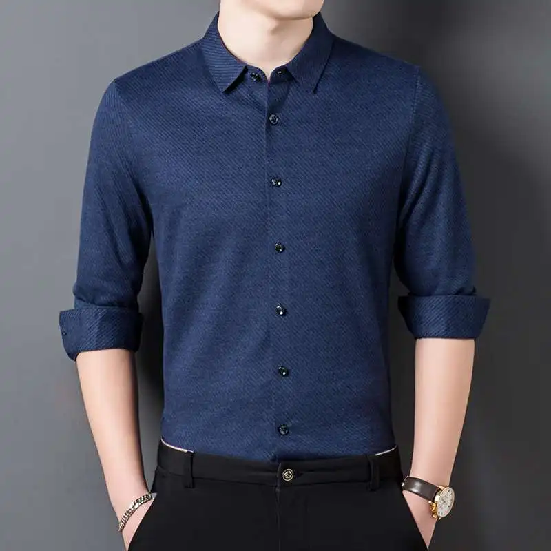 

New Men's Long Sve irts for Middle-aged Spring Autumn Pure Color Flip Collar Other 00% Material Other Fabric Design