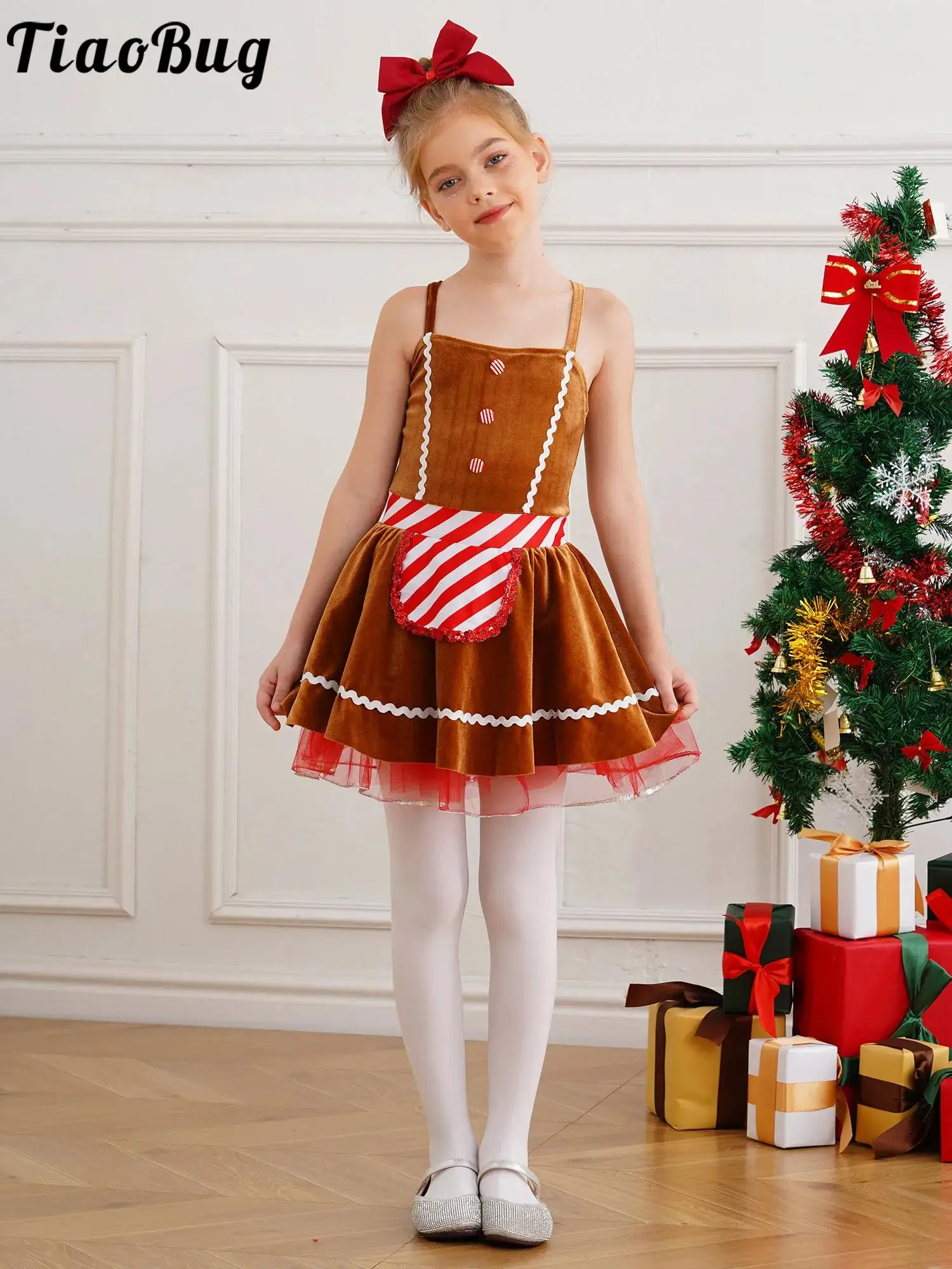 

Girls Christmas Gingerbread Man Costumes Leotard Figure Skating Dancewear Tutu Dance Tulle Dress Xmas Party Role Play Dress Up