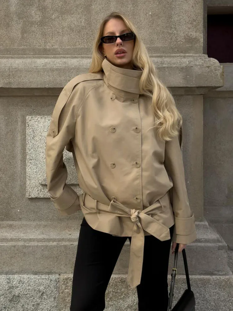 HH Fashion Women Solid Short High Neck Windbreaker Double-Breasted Belt Decoration 2026 Jacket Woman Casual Street Style Coat