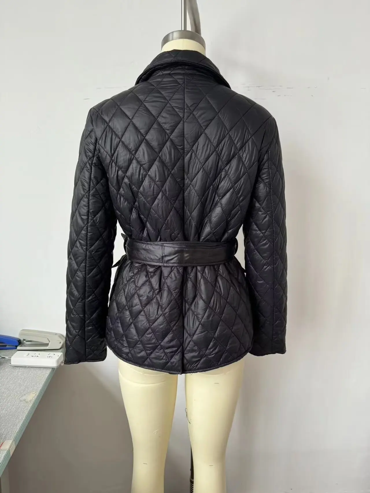 European and American style new style belted quilted lapel slim-fitting cotton coat for women winter mid-length cotton coat