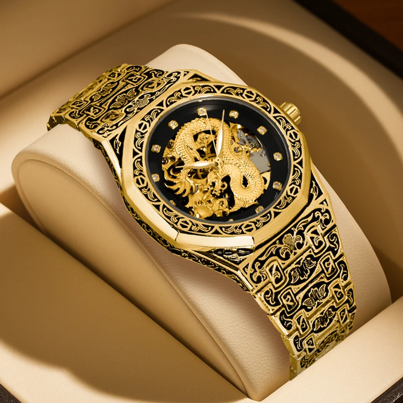 

Мужские черные и золотые винтажные роскошные резные многоугольные автоматические механические часы с золотым драконом