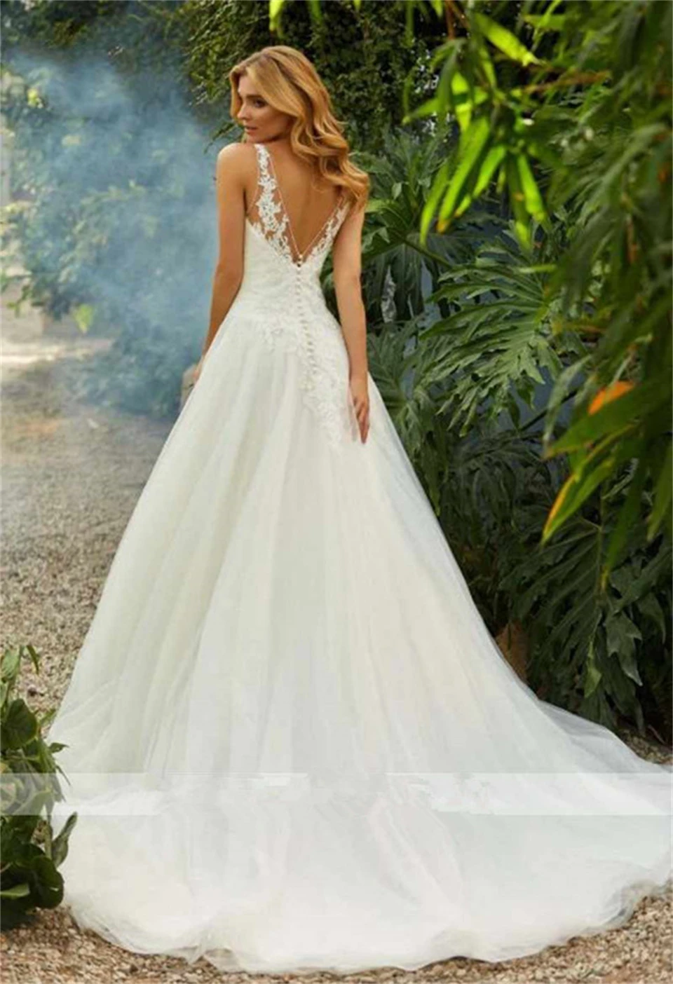 Elegant V-Neck Appliques Lace Tulle A-line Backless Wedding Dresses For Woman 2024 Court Train Bridal Gowns  vestidos de novia