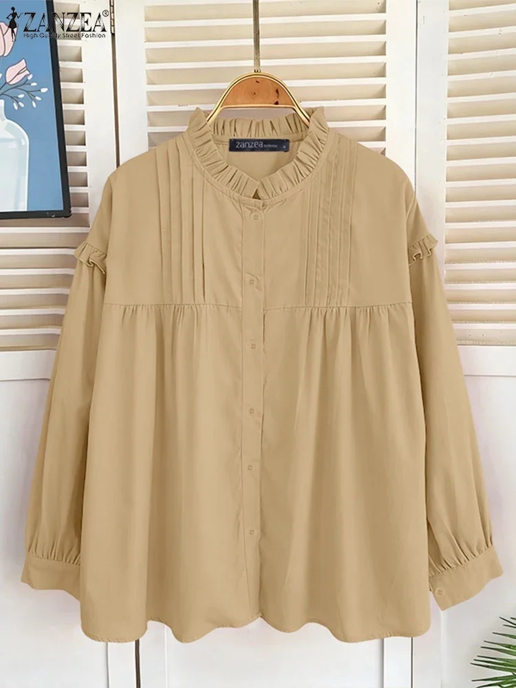 

ZANZEA 2022, модные женские рубашки, повседневная блузка с длинными пышными рукавами, осенняя свободная однотонная блузка с рюшами, корейская плиссированная туника, топ
