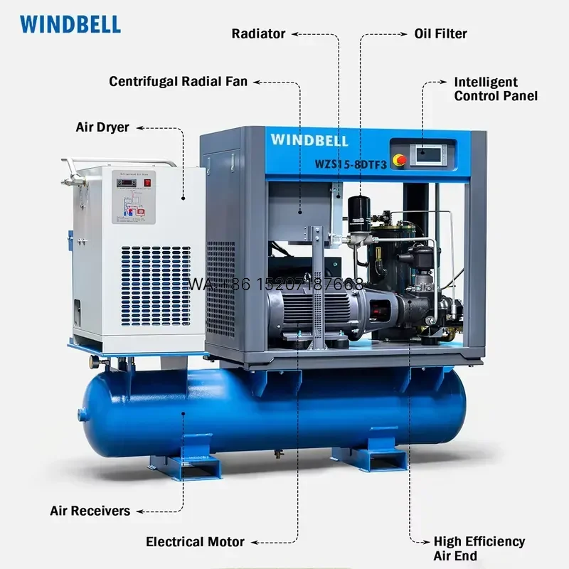 Wmwmnu for 7.5kW 10HP 4-in-1 Integrated Variable Speed 15KW Screw Air Compressor with Air Dryer Tank and Filters