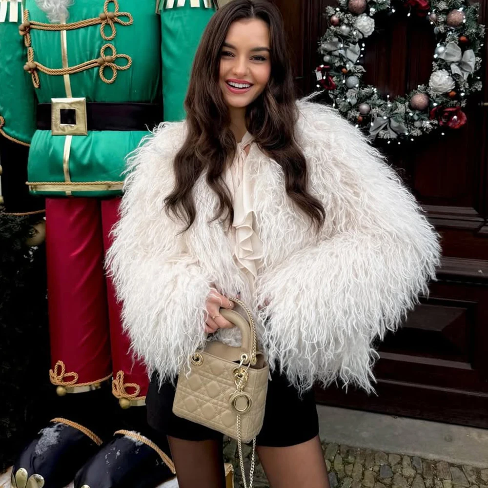 Talenza Women Short Fake Fur Coat Solid Loose Elegant Warm Thickened Coat Round Neck Long Sleeve Cardigan Female Retro Fur Coat