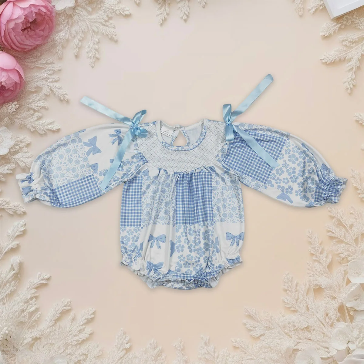 Newborn Baby Infant Girl Blue Bows Flowers Checked Ruffle Rompers Kids Bubbles Babies Clothes Boutique Clothing Wholesale