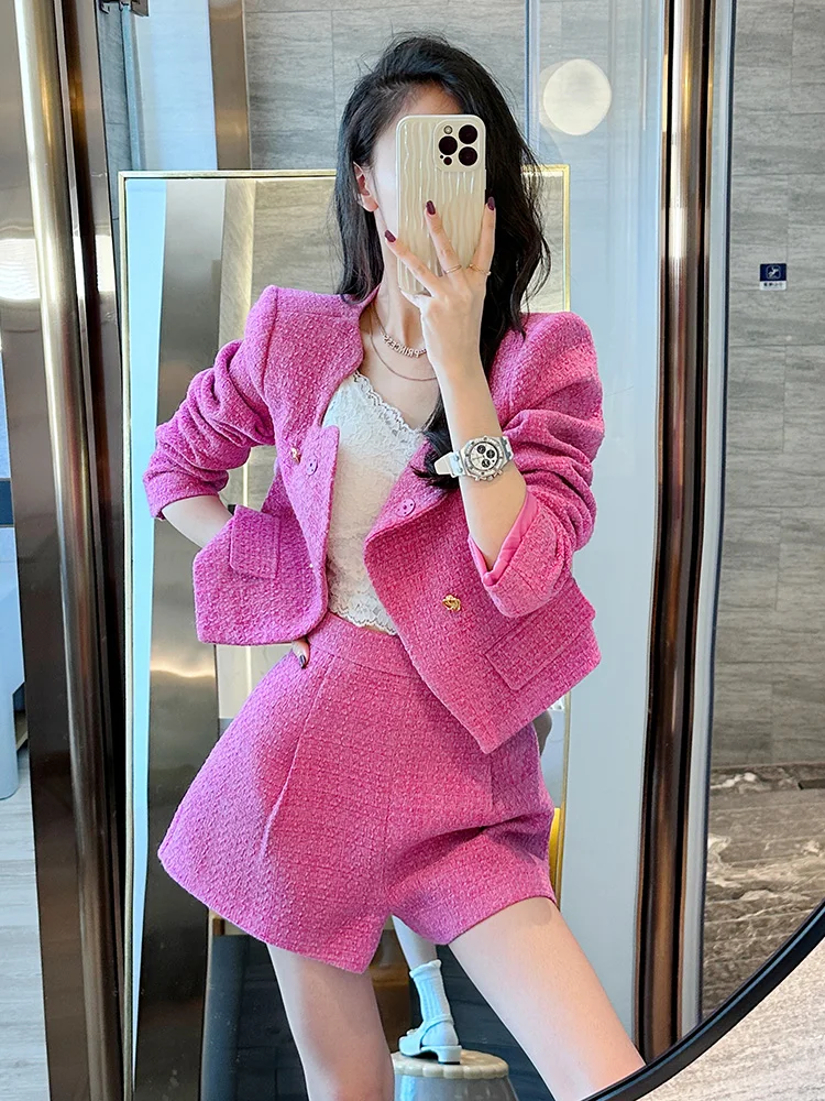 Autumn Winter New Shorts Suit Women Elegant Long Sleeve Tweed Section Suit Jacket + High Waist Shorts 2 Pcs Set Matching Sets