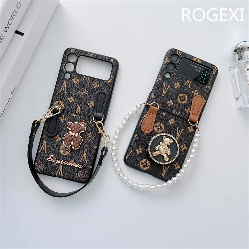 Luxury Cute 3D Bear Pearl & Leather Chain Stand Phone Leather Case For Samsung Galaxy Z Flip 3 4 5 6 Cover