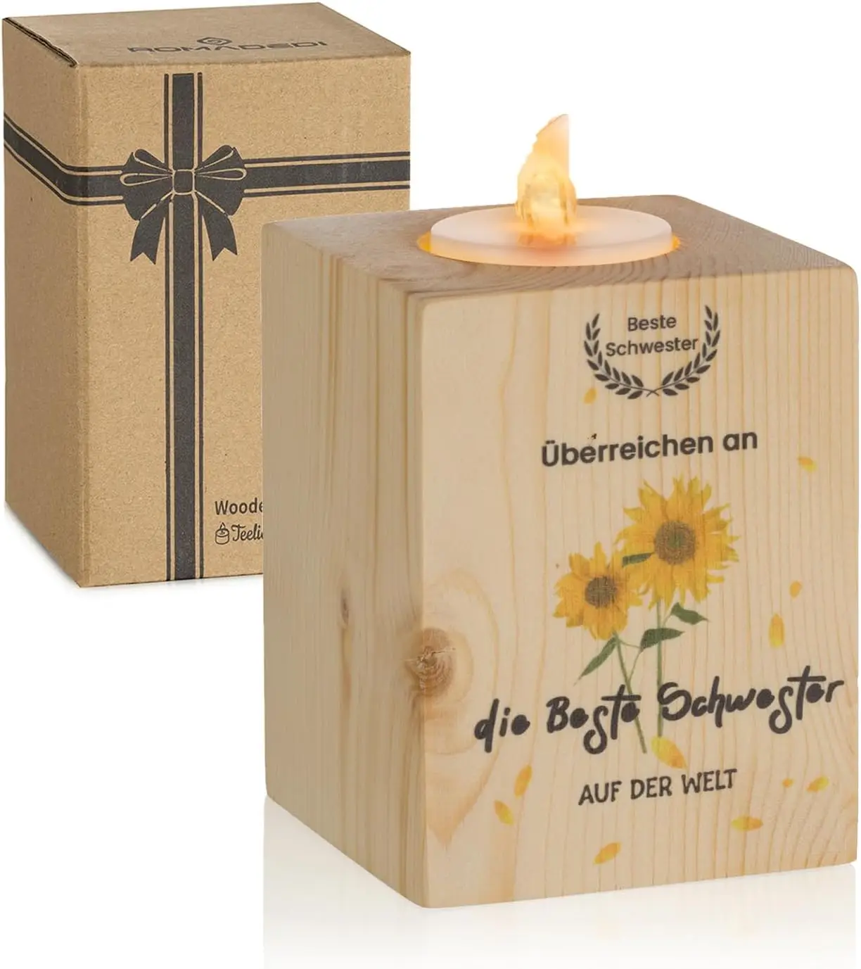 Houten kandelaar cadeau voor beste zus Zonnebloem 7x7x9 cm Theelicht ornament Verjaardag Kerstcadeau Hout