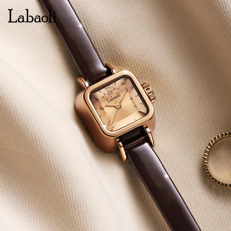 KoreanStyleBrown Leather Strap RetroStyle Sugar Cube Women'S WatchFashionable Mini WatchStylish Quartz Wristwatch, Women'S Gift.