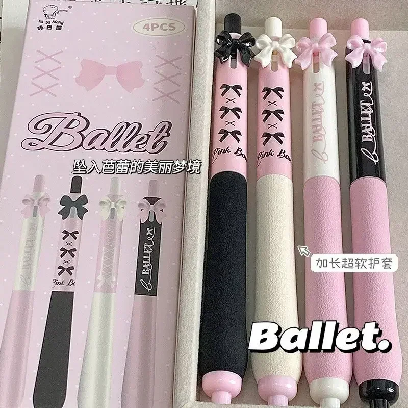 4pcs/set Black Pink Color Bow Gel Pen for Student Sweet Korean Bow Gel Pen 0.5mm Black Ink Pen for Wriitng Cute School Supplies