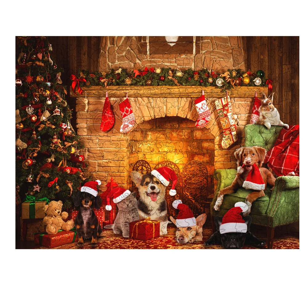 Weihnachten Holz puzzle unregelmäßig geformte Weihnachts baum, Socken, Hunde, Geschenke Familien feier Spiele envío gratis niños juguetes