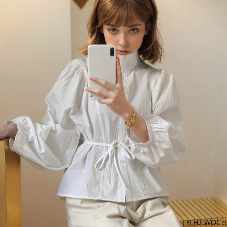 2024 Autumn Cotton Cute Turtleneck Tops Girls  New French Style Women Solid Blue Button Basic White Shirts Chic Korea Clothes