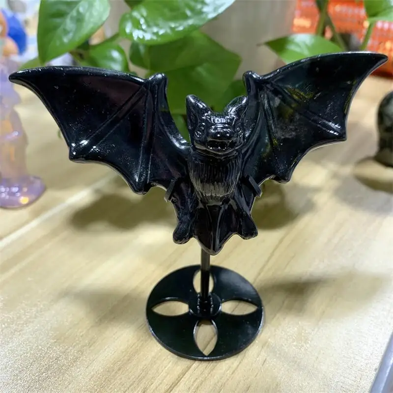 Natural Black Obsidian Bat Carving Statue Realistic Feng Shui Healing Reiki Ornament Art Collectible Gift 1PCS