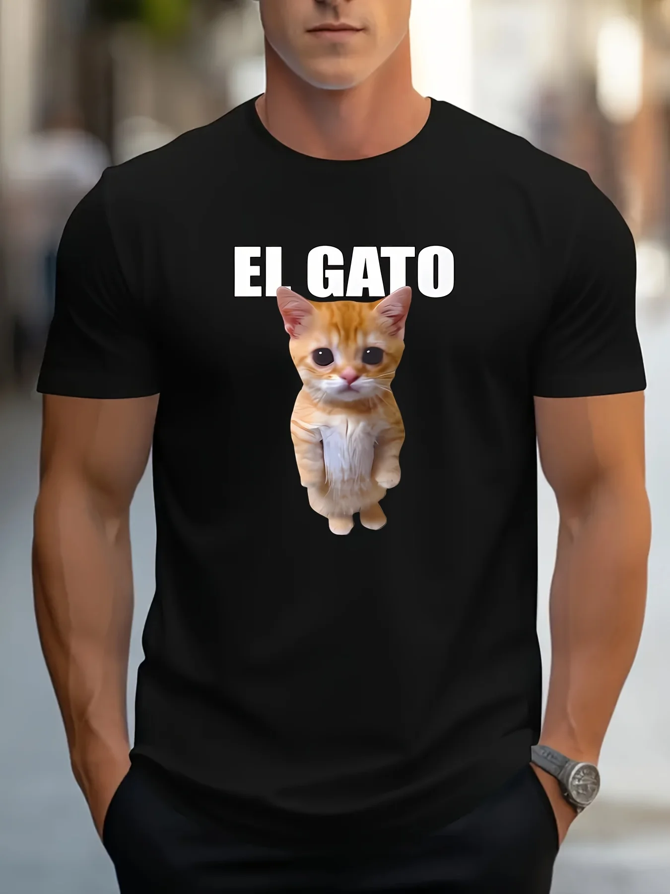 تي شيرت كاجوال للرجال بطبعة قطة - رقبة دائرية، كم قصير، مزيج بوليستر مسامي، قابل للغسل في الغسالة - مثالي للصيف