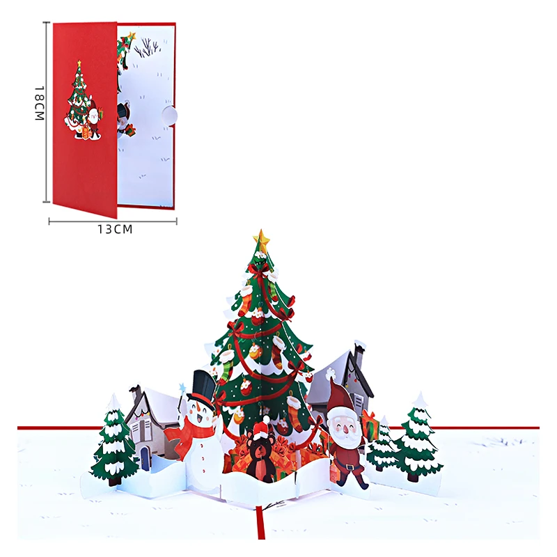 

3D Christmas Tree Pop Up Greeting Card with Envelope, Snowman, Santa Holiday Invitation, Xmas Gift