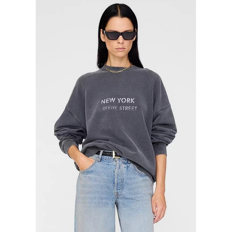 25 الخريف والشتاء طباعة الحروف الكلاسيكية الجديدة، مياه الغسيل، ألوان القلي، سترة نسائية قديمة باللونين الأسود والرمادي #1