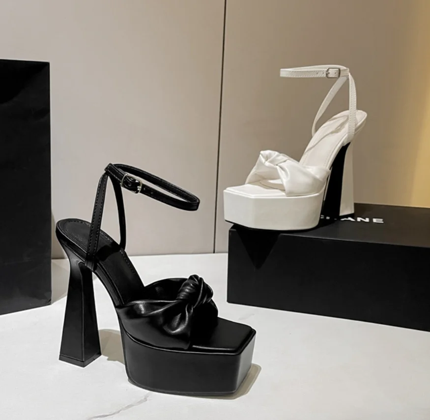 AIYKAZYSDL Bow-tie Butterfly Knot Sandals Women Ankle Wrap Platform Chunky Block Heel White Black Shoes Fetish Clubwear 2024