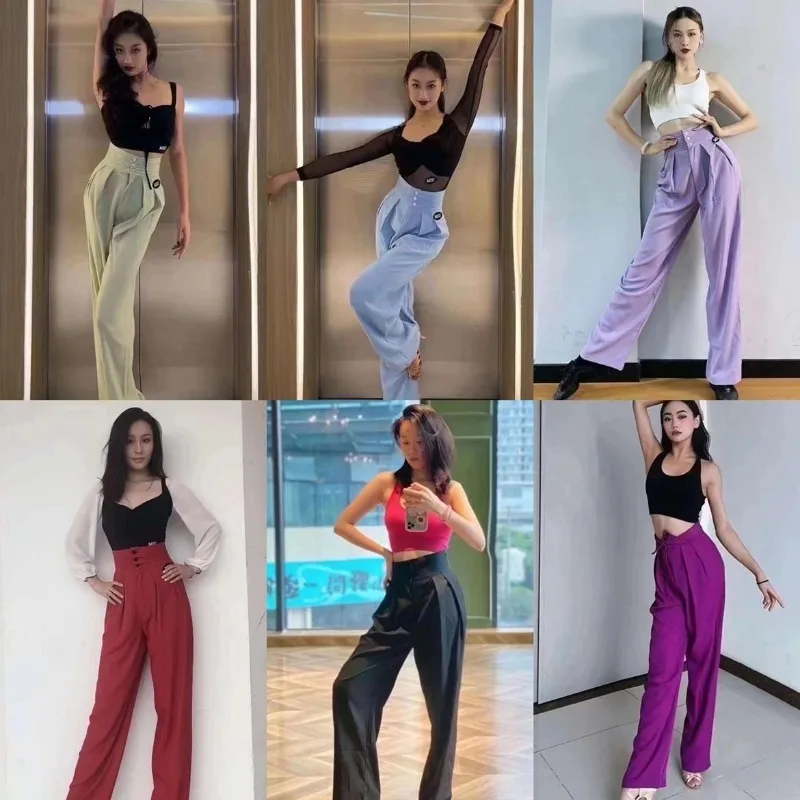 customized Latin dance pants with high waisted straight leg loose modern pants for teaching women Cha Cha samba tango rumba wear