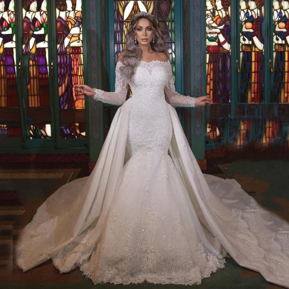 Customized Exquisite White O-Neck Sequin Lace Appliques Wedding Dresses Mermaid Floor Length Detachable Sweep Train Lace Up