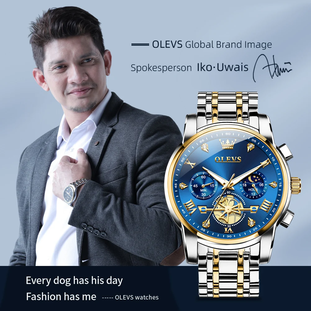 OLEVS 2856 Men's Watches Classic Multifunctional Fltwheel Chronograph Original Quartz Wristwatch Moon Phase 24 Hour Waterproof