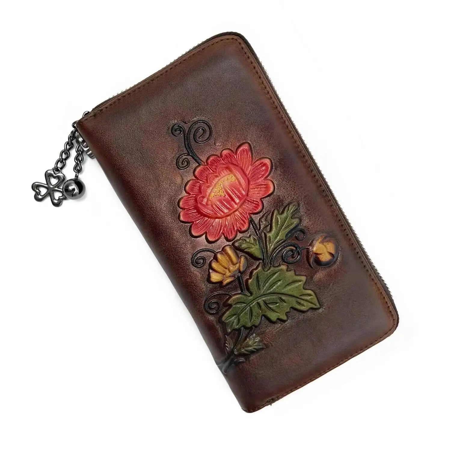 

NEW Women's RFID Blocking Wallet - Genuine Cowhide Leather Vintage Long Clutch with Handcrafted Embossing, Wristlet & Card Slots