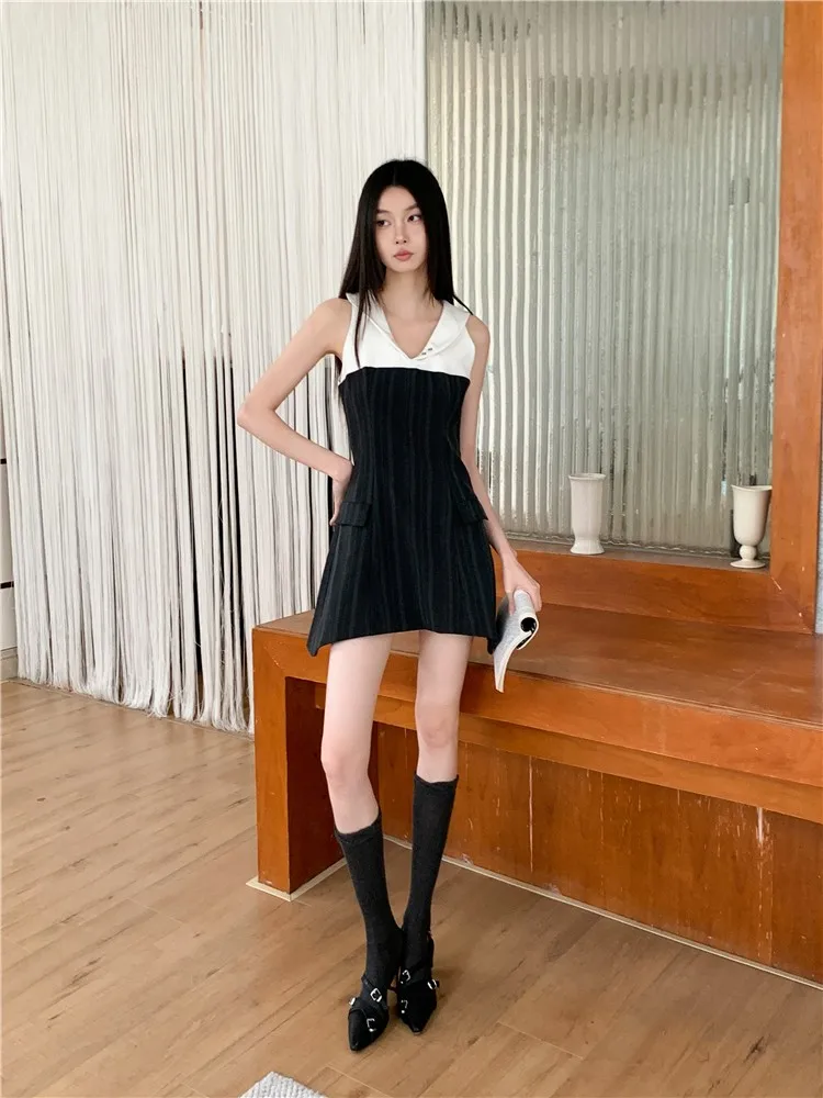 Striped Patchwork Dress For Women's Summer New Spicy Girl Academy Style Sleeveless Waist Collection Chic Short Skirt