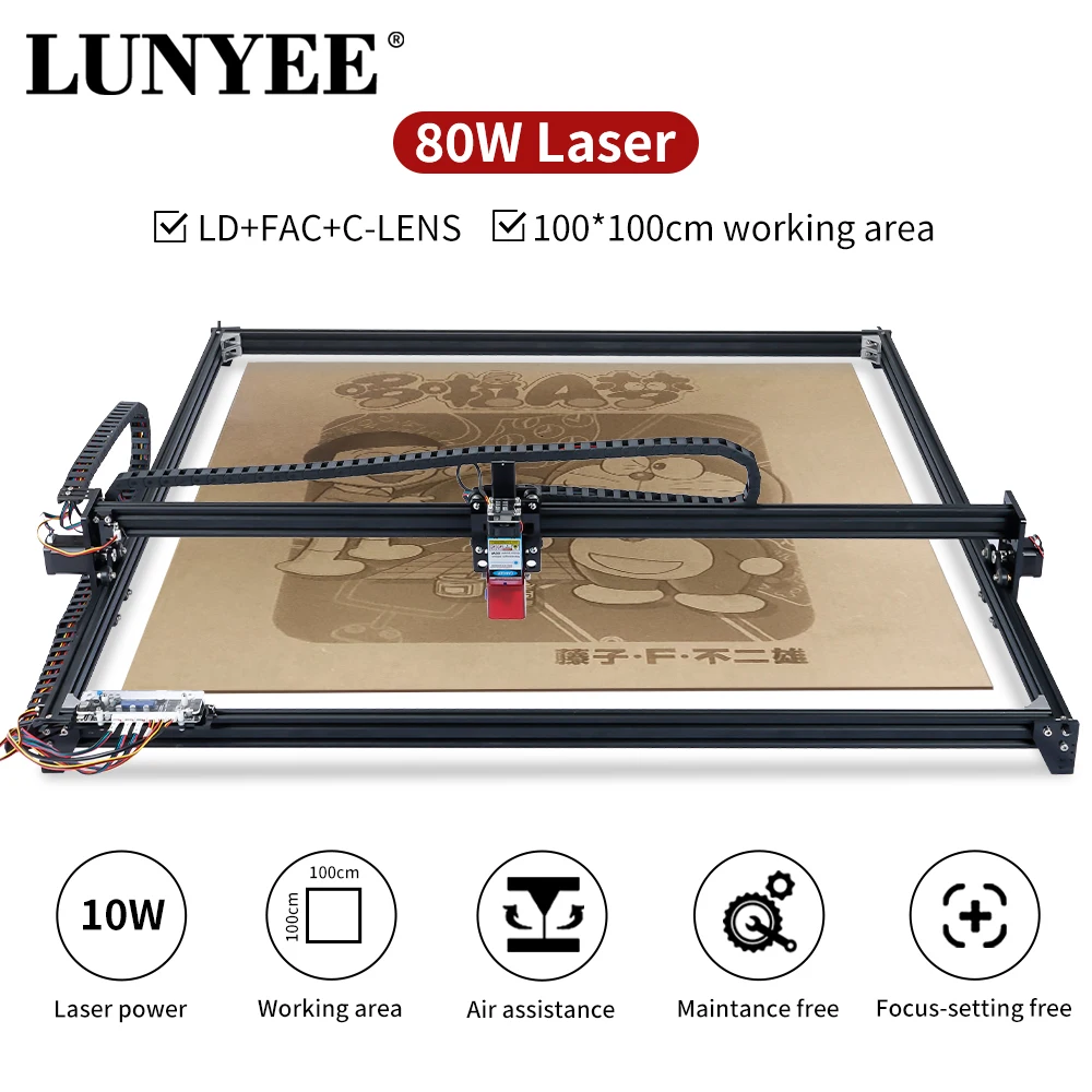 LUNYEE 80W Laser Engraver Large Area 100x100cm, Laser output power 10W with Air Assist, Laser Cutter Machine for Wood and Metal