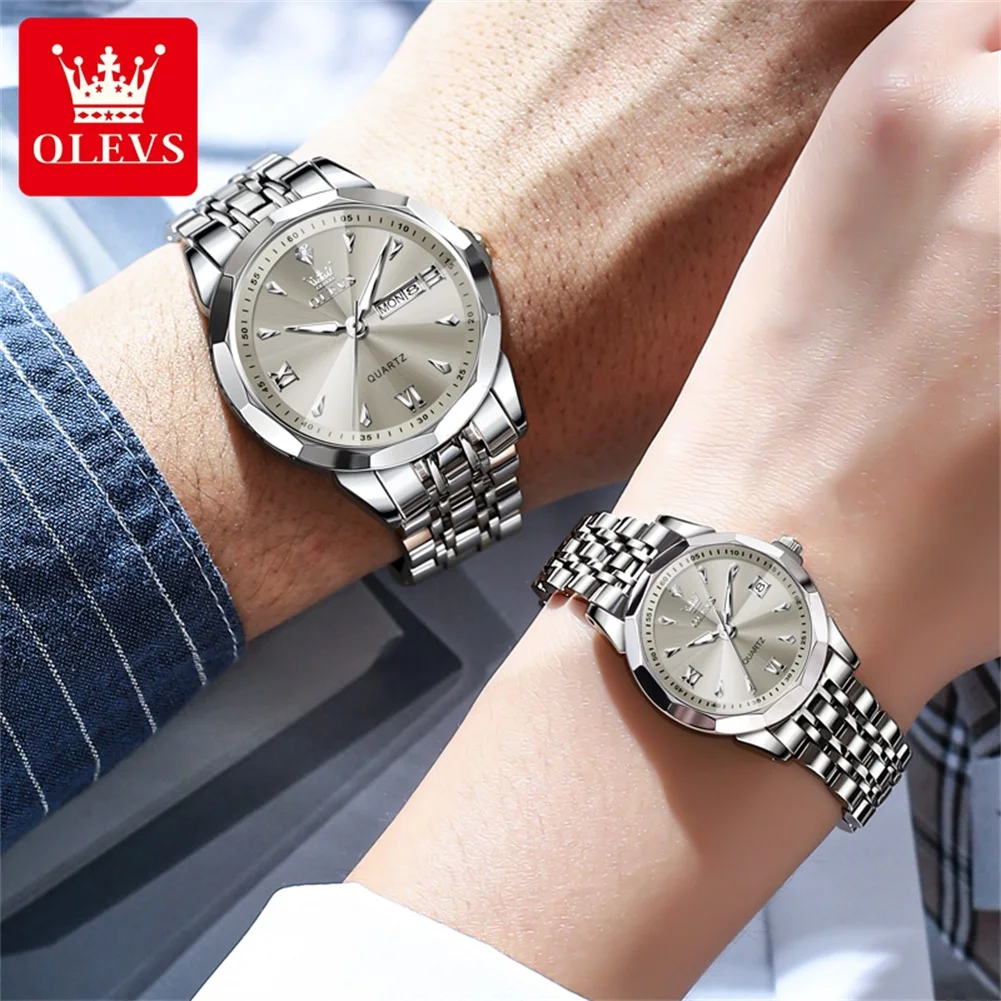 OLEVS Brand Fashion Quartz Couple Watches Date Calendar Waterproof Watch For Men Women Rhombus Mirror Stainless Steel Watch