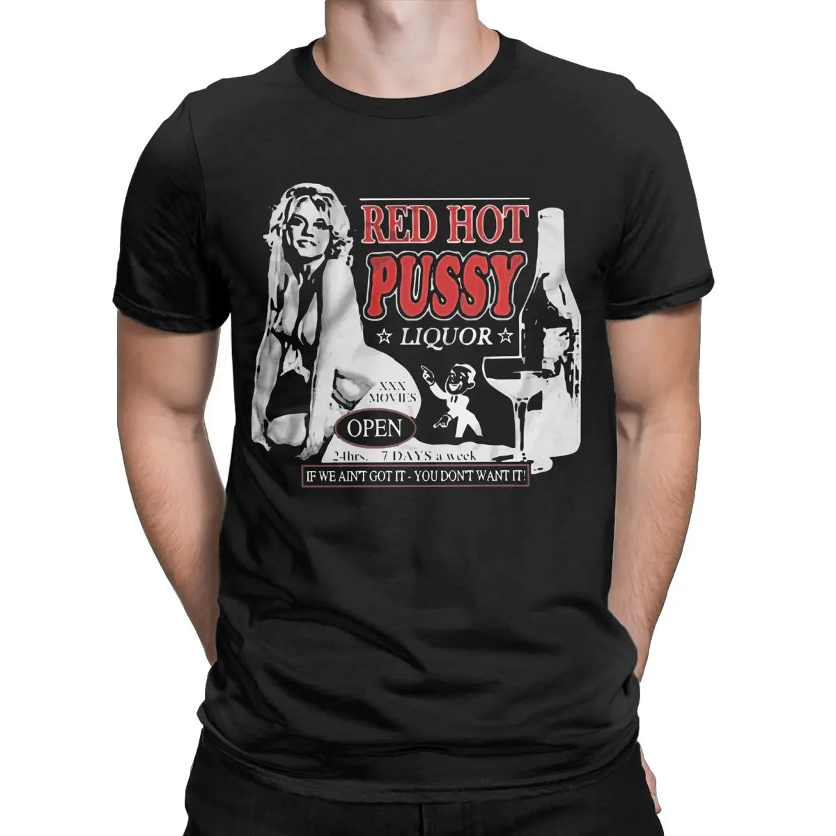 Novelty Scary Movie Red Hot Pussy Liquor Horror Halloween T-Shirts for Men O Neck Pure Cotton Short Sleeve Printing Clothing