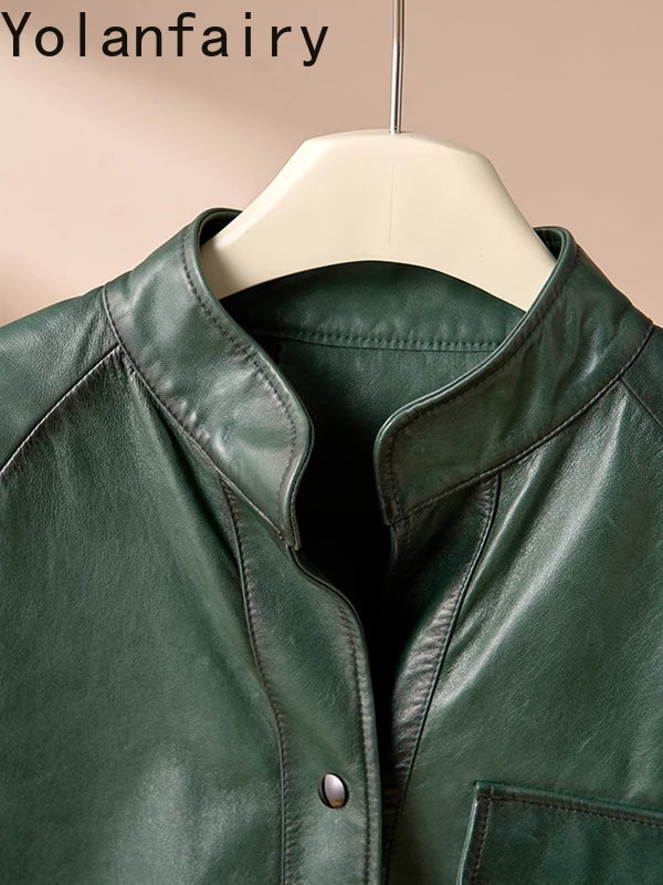 YOLANFAIRY Olie-gewaxte Schapenvacht Lederen Jassen voor Vrouw 2025, Korte Vintage Lederen Jas Vrouwen Motorfiets Leren Jas