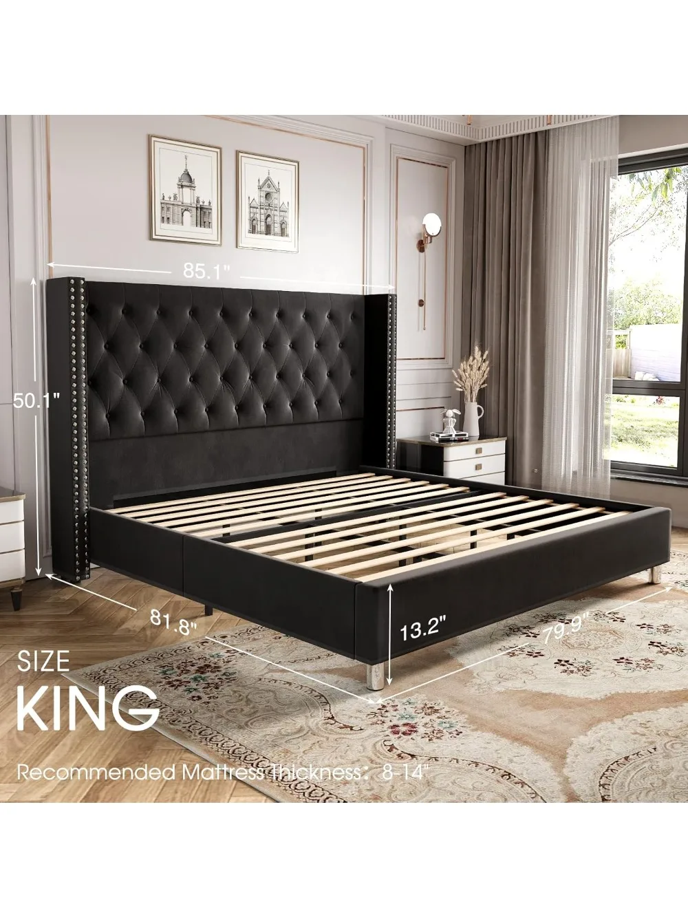 Bed Frame Upholstered Bed Velvet Low Profile Platform Bed with Raised Wingback Headboard/No Box Spring Needed/Easy